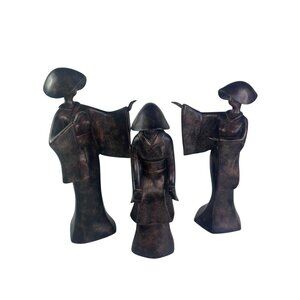 3  Geisha Girl Figurines Bronze Colored Sculpture Japanese Dance Decor Art
